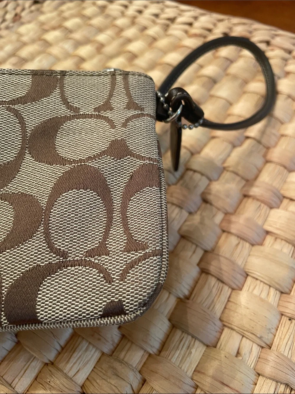 Coach Brown Signature Jacquard Wristlet with Leather Strap and Hang Tag EUC